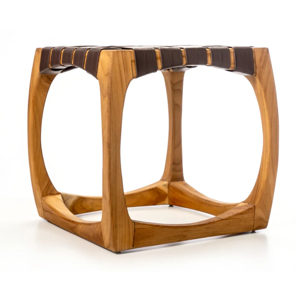 Sgabello da Bagno di Design Realizzato in Teak con Seduta Intrecciata - Yucca Viadurini