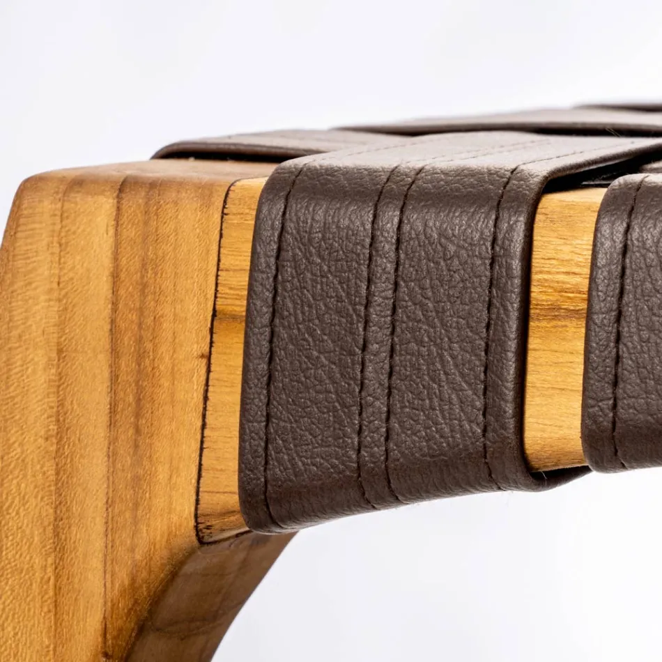 Sgabello da Bagno di Design Realizzato in Teak con Seduta Intrecciata - Yucca Viadurini
