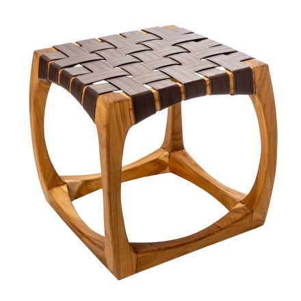 Sgabello da Bagno di Design Realizzato in Teak con Seduta Intrecciata - Yucca Viadurini