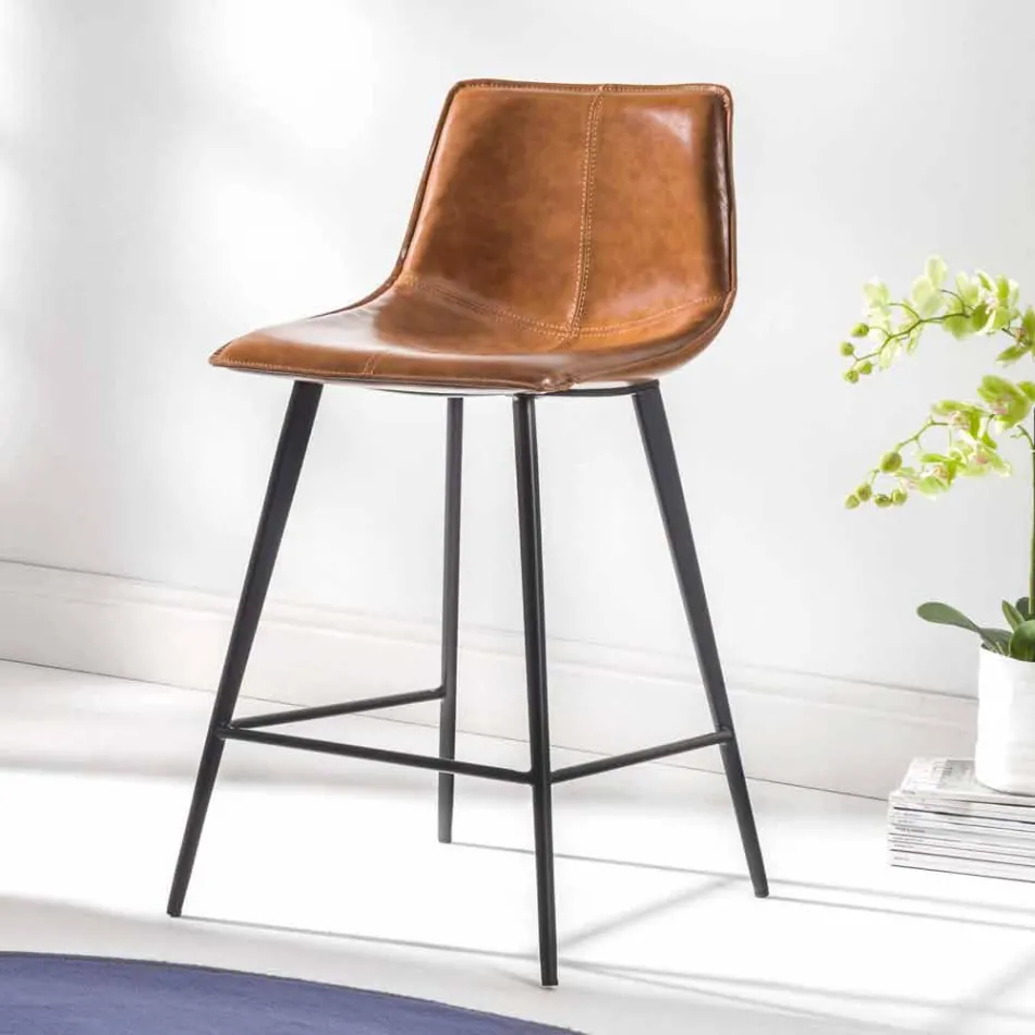 Sgabello in Ecopelle Effetto Cuoio H 80, Base 4 Gambe - Ovidio Viadurini