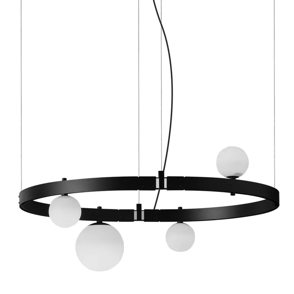 Sospensione di Design Ovale in Alluminio Nero con Sfere e Faretti - Esodo Viadurini