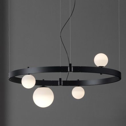 Sospensione di Design Ovale in Alluminio Nero con Sfere e Faretti - Esodo Viadurini