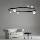 Sospensione di Design Tondo in Alluminio Nero con Sfere e Faretti - Esodo Viadurini