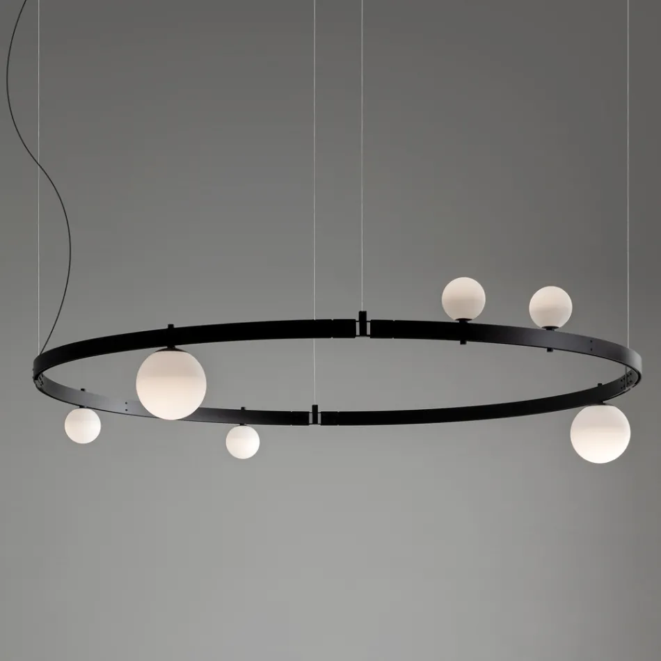Sospensione di Design Tondo in Alluminio Nero con Sfere e Faretti - Esodo Viadurini