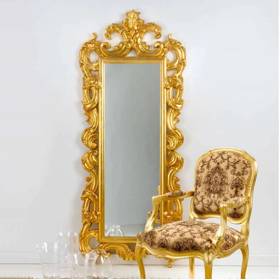 Specchiera da terra / muro design classico, finitura foglia oro Guerin Viadurini