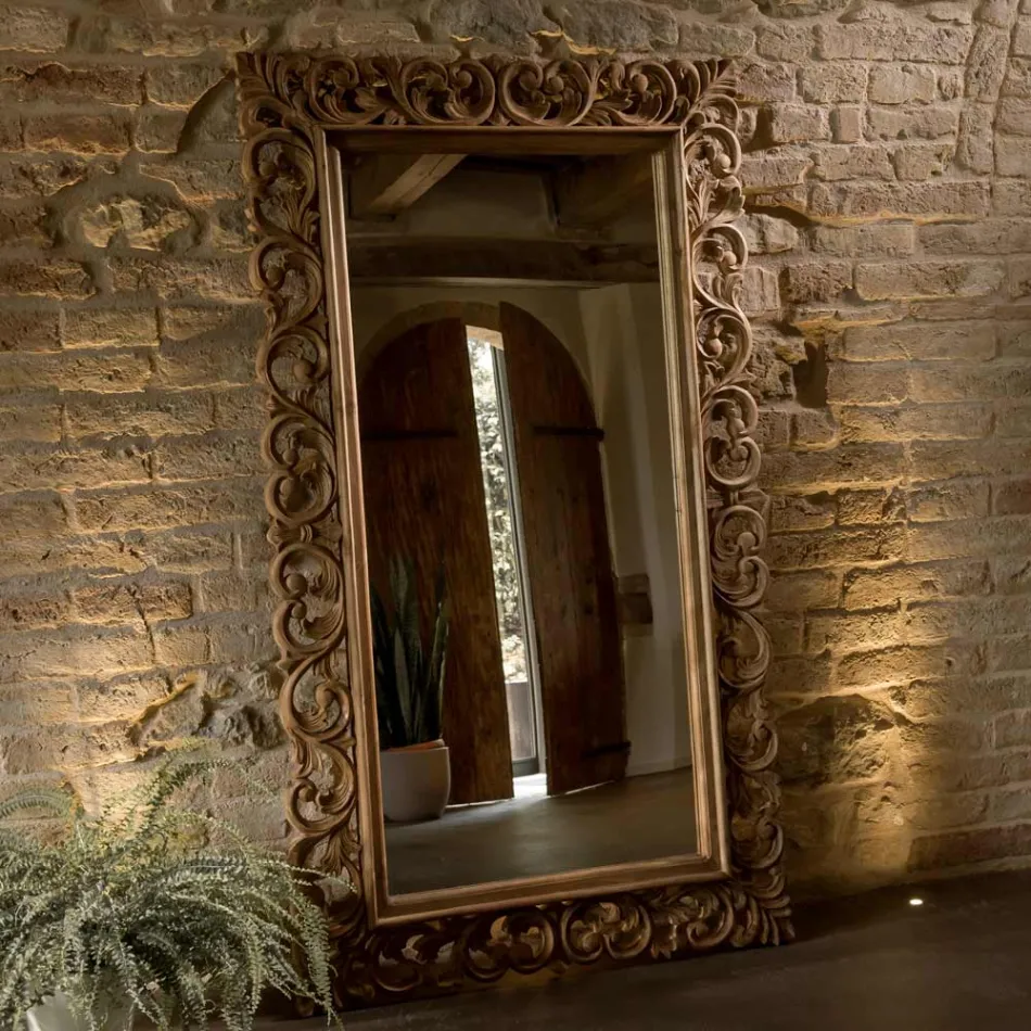 Specchiera Intagliata Realizzata in Legno Teak Massello - Auguste Viadurini