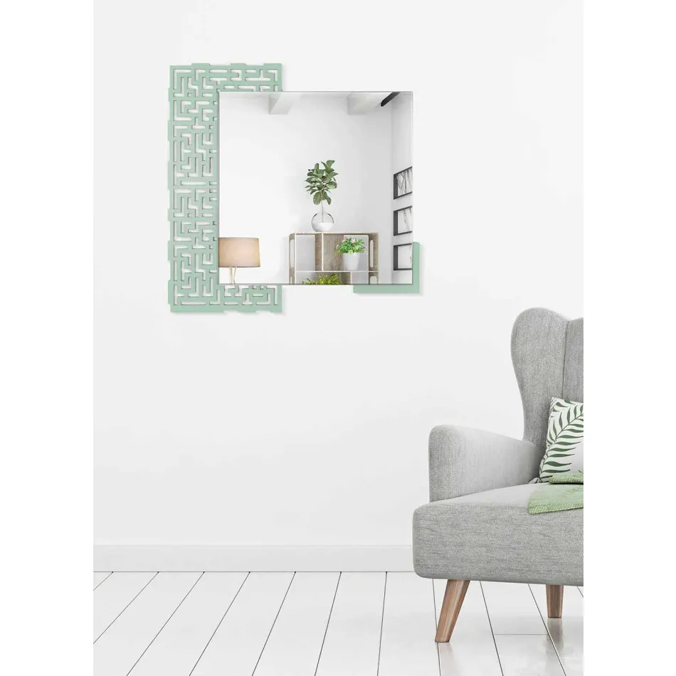 Specchio a Muro Design Quadrato Moderno in Legno Verde Decorato - Labirinto Viadurini