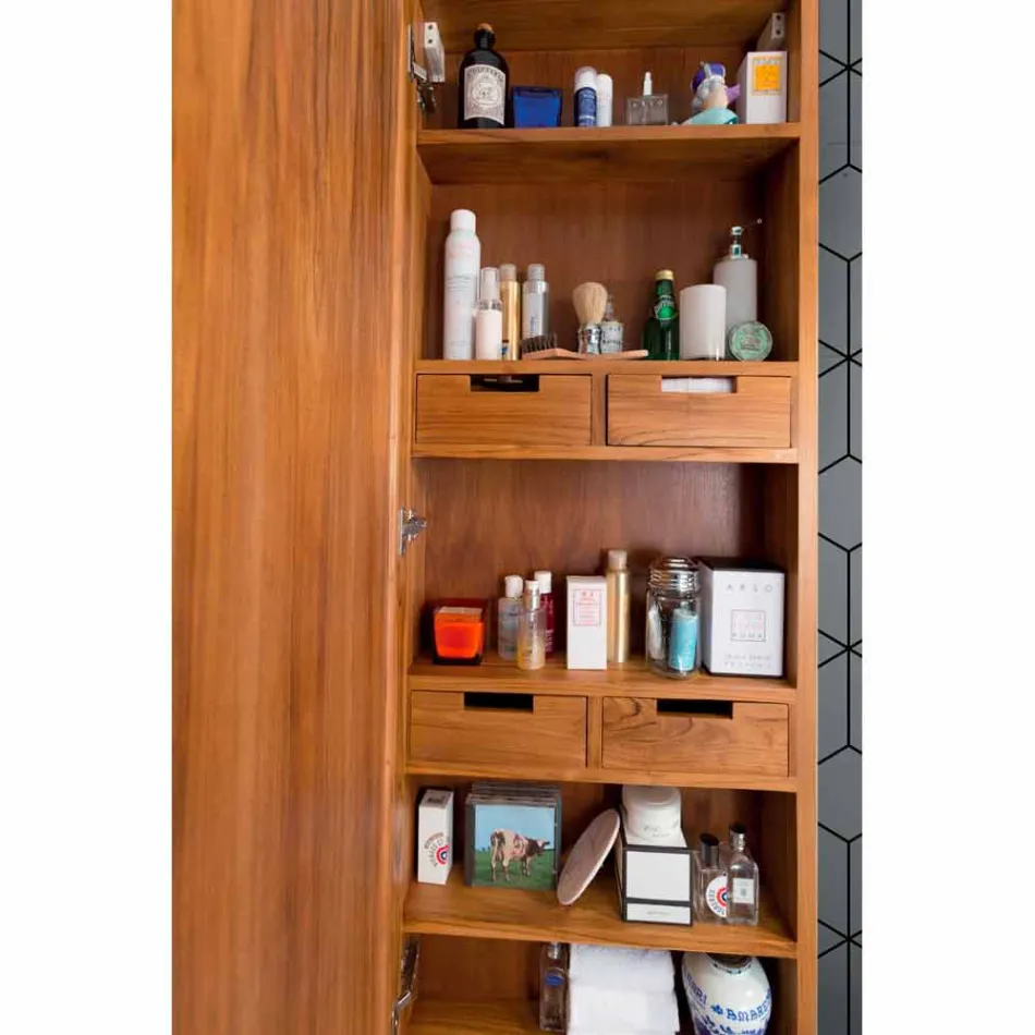 Specchio Contenitore da Parete in Teak con Ripiani e Cassetti Interni - Ralio Viadurini