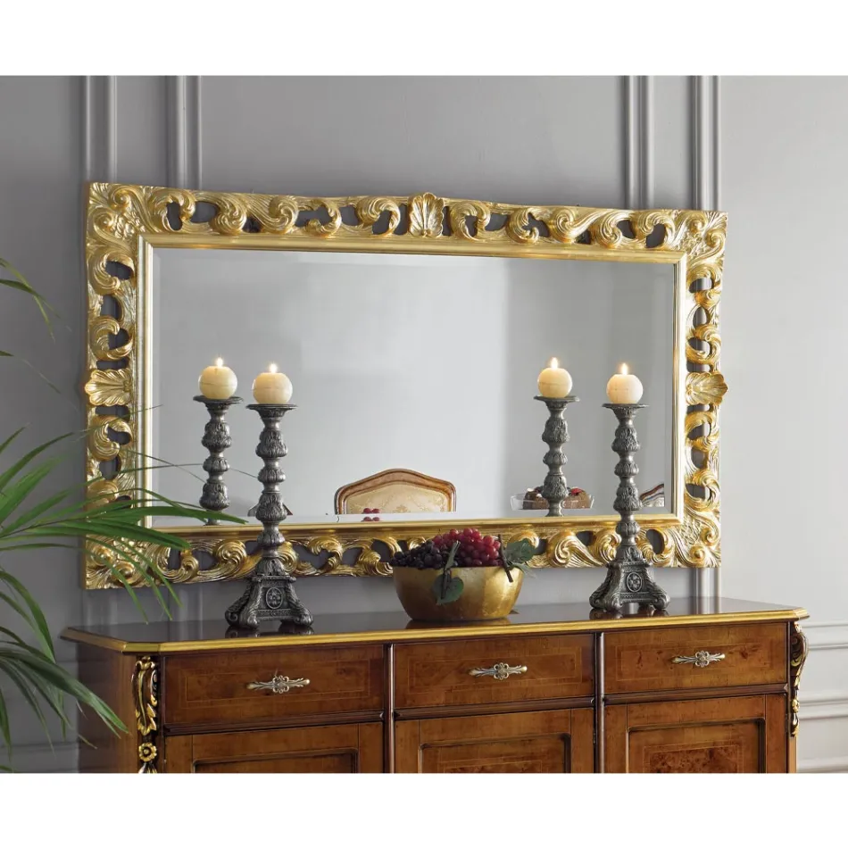 Specchio Rettangolare Legno Foglia Oro Classico Made in Italy - Denver Viadurini