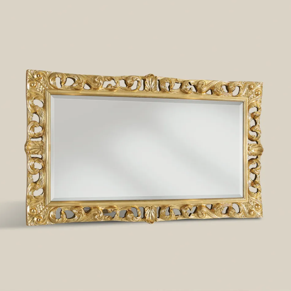 Specchio Rettangolare Legno Foglia Oro Classico Made in Italy - Denver Viadurini