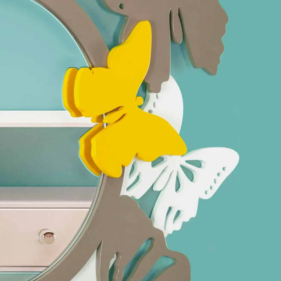 Specchio Rotondo di Design Moderno in Legno Colorato con Farfalle - Battito Viadurini