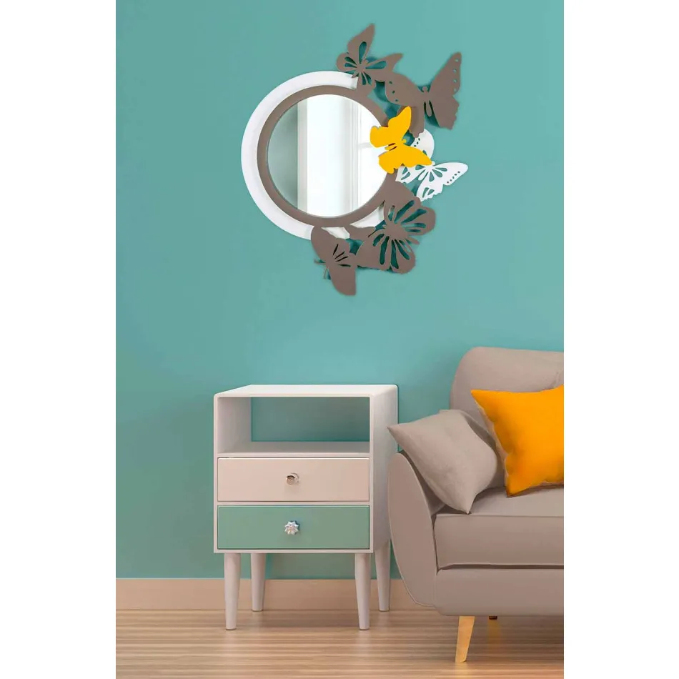 Specchio Rotondo di Design Moderno in Legno Colorato con Farfalle - Battito Viadurini