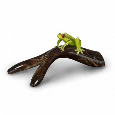 Statuina a Forma di Rana su Ramo in Vetro Colorato Realizzata in Italia - Froggy Viadurini