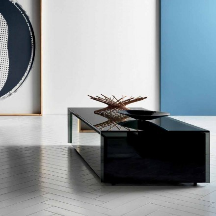 Tavolino Basso da Salotto in Vetro Fumè e Cassetti in Legno 3 Misure - Mantra Viadurini