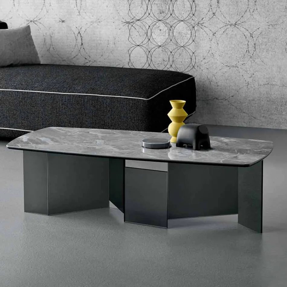 Tavolino Basso Salotto Piano in Ceramica e Gambe in Vetro Fumè 3 Misure - Random Viadurini