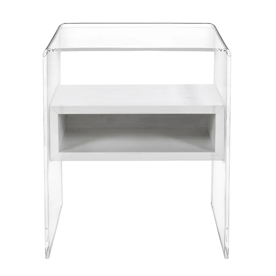 Tavolino Comodino Riciclabile in Plexiglass Trasparente e Legno - Pascoli Viadurini