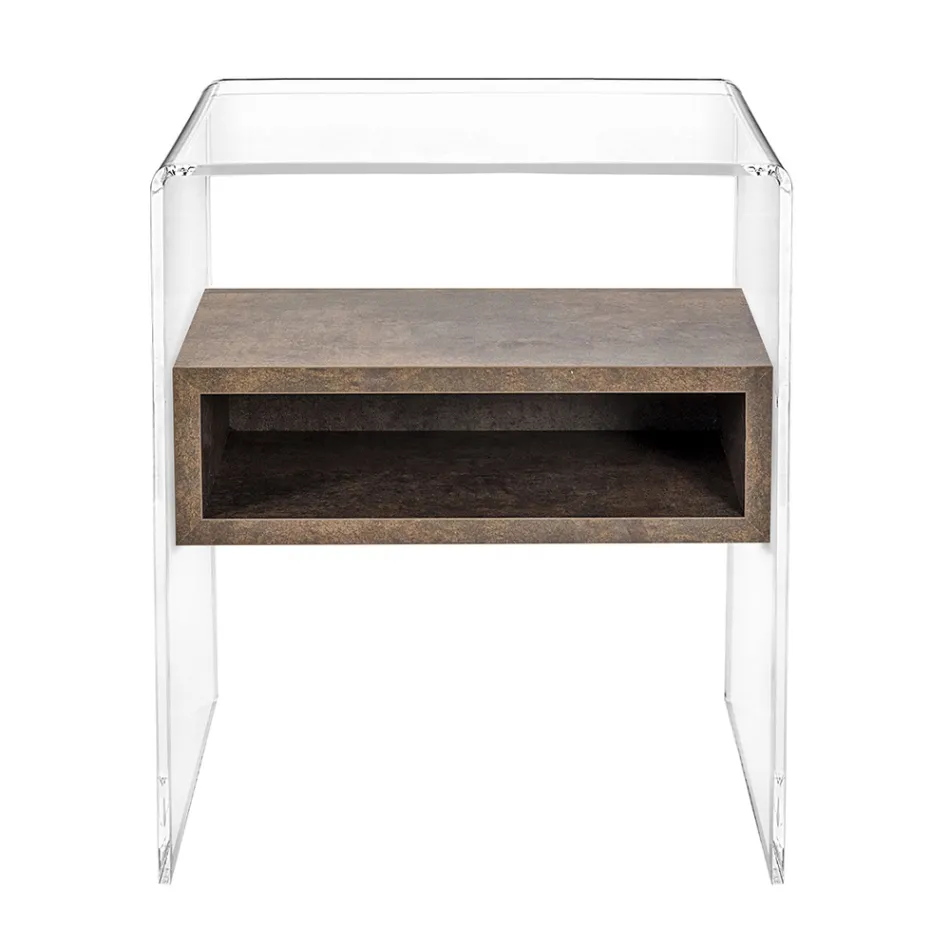 Tavolino Comodino Riciclabile in Plexiglass Trasparente e Legno - Pascoli Viadurini