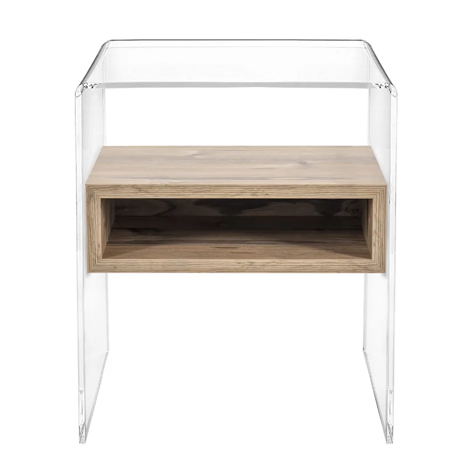 Tavolino Comodino Riciclabile in Plexiglass Trasparente e Legno - Pascoli Viadurini