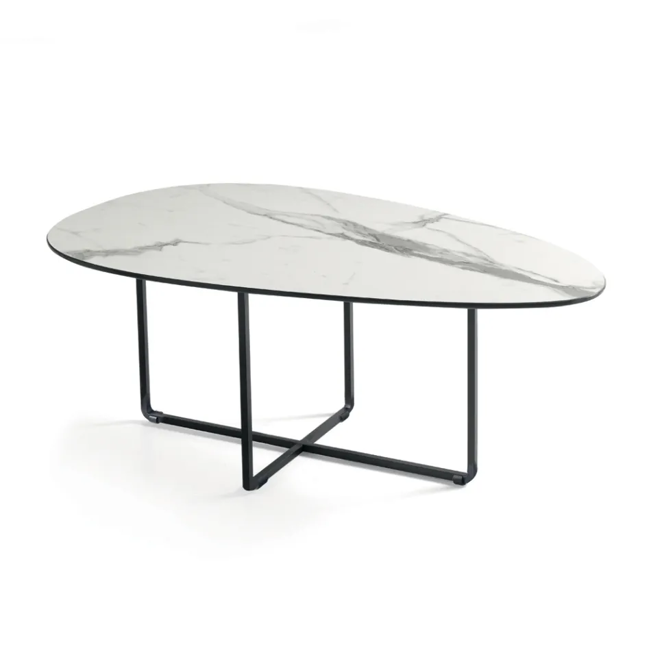 Tavolino con Base in Metallo e Piano in Specchio e Ceramica Effetto Marmo - Gisella Viadurini