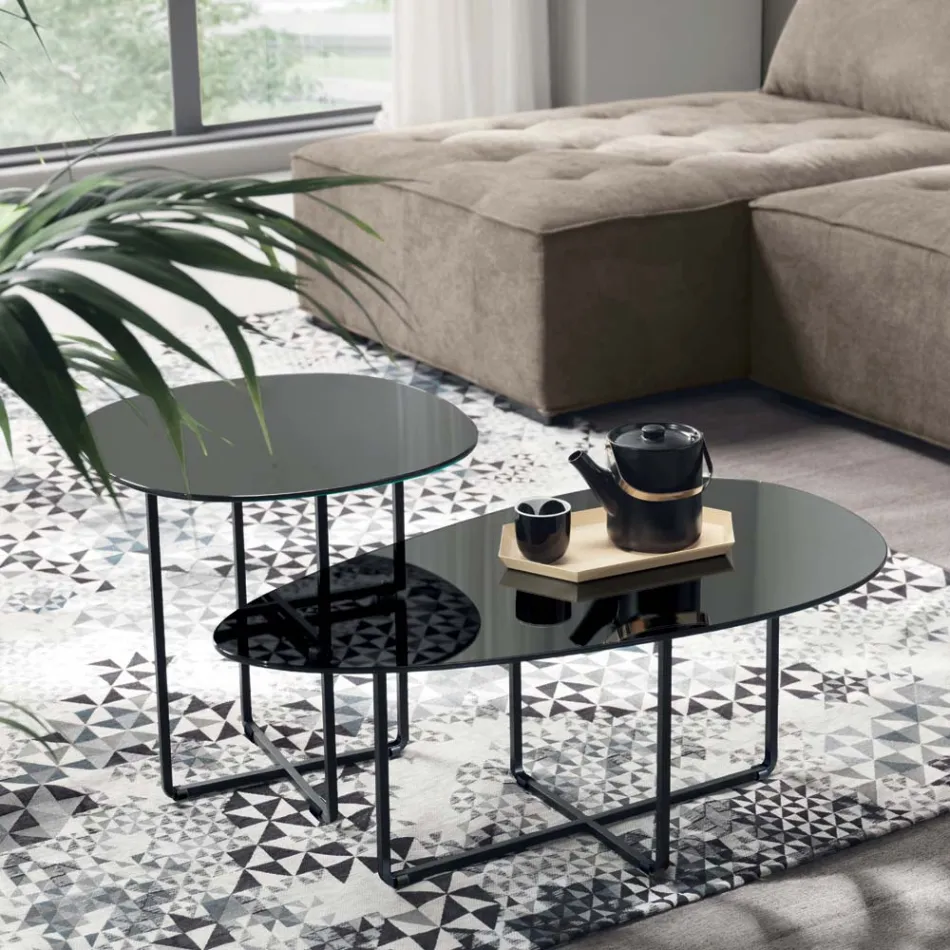 Tavolino con Base in Metallo e Piano in Specchio e Ceramica Effetto Marmo - Gisella Viadurini