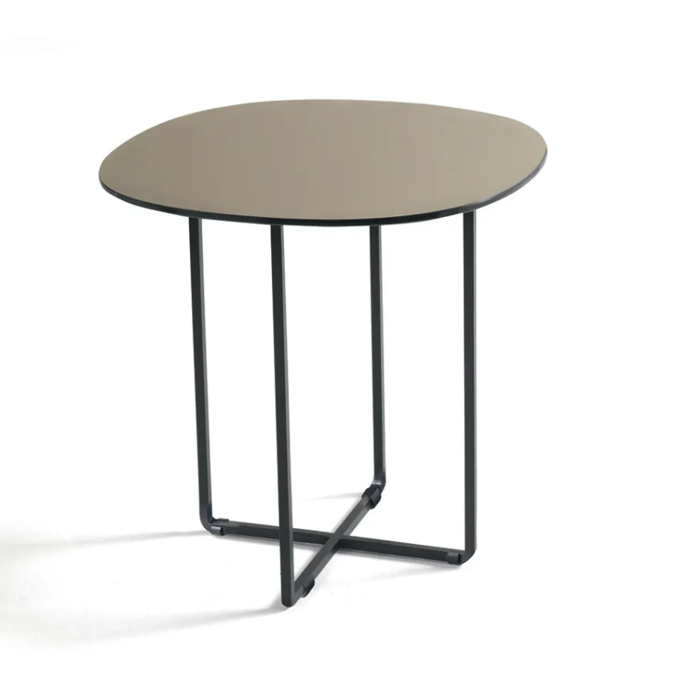 Tavolino con Base in Metallo e Piano in Specchio e Ceramica Effetto Marmo - Gisella Viadurini