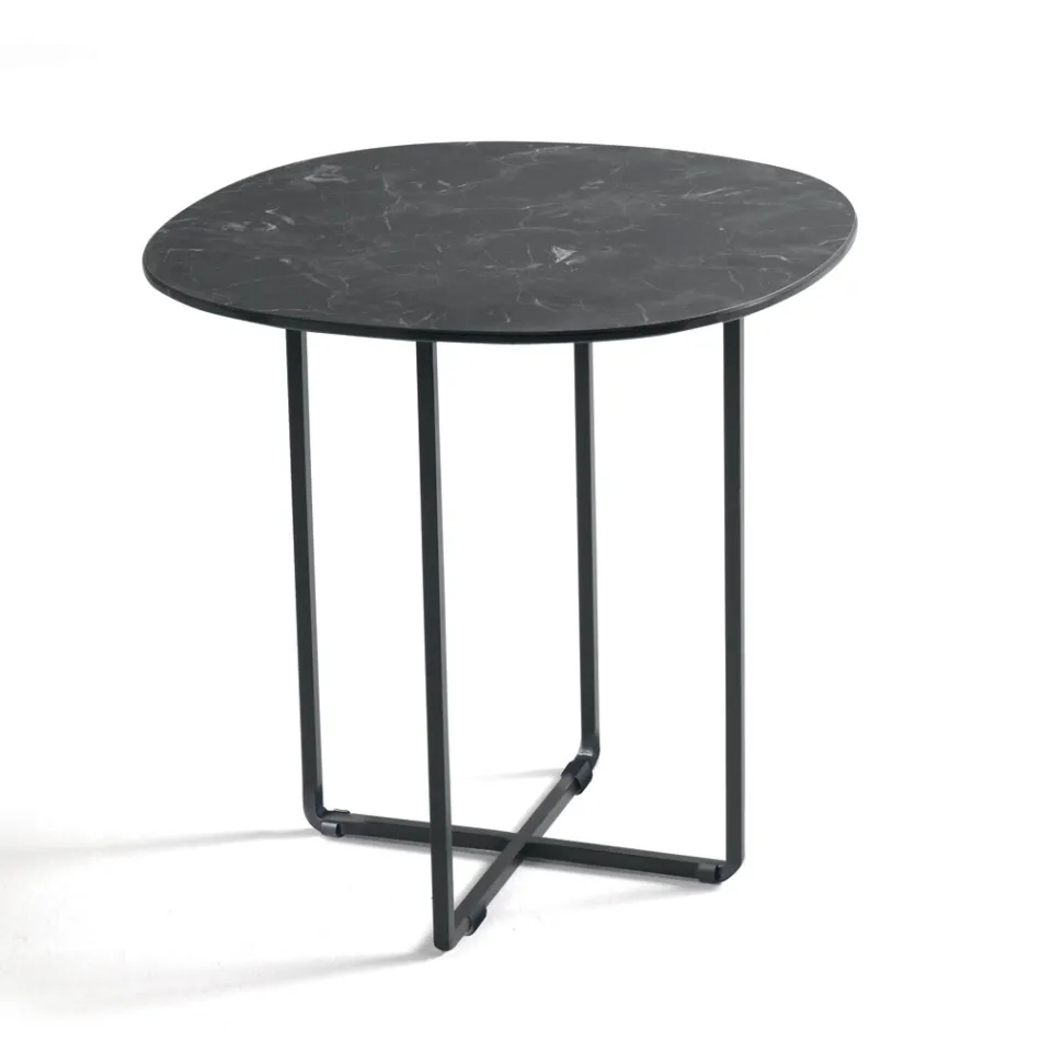 Tavolino con Base in Metallo e Piano in Specchio e Ceramica Effetto Marmo - Gisella Viadurini