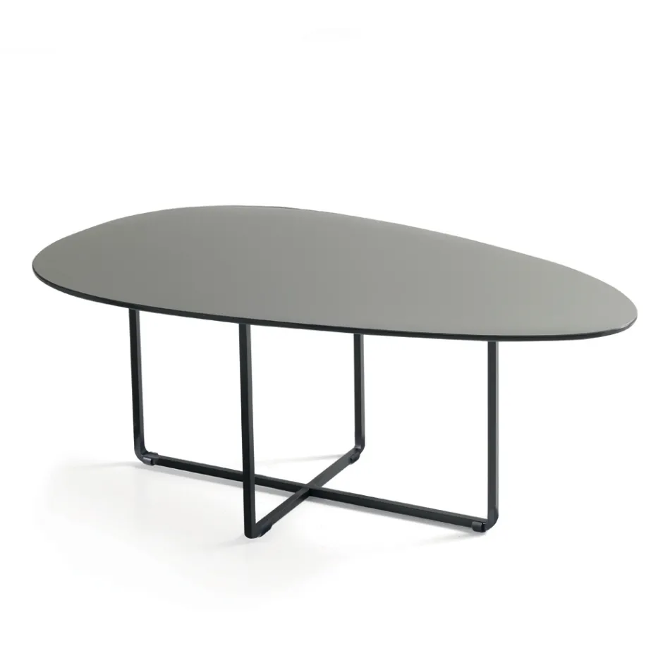 Tavolino con Base in Metallo e Piano in Specchio e Ceramica Effetto Marmo - Gisella Viadurini