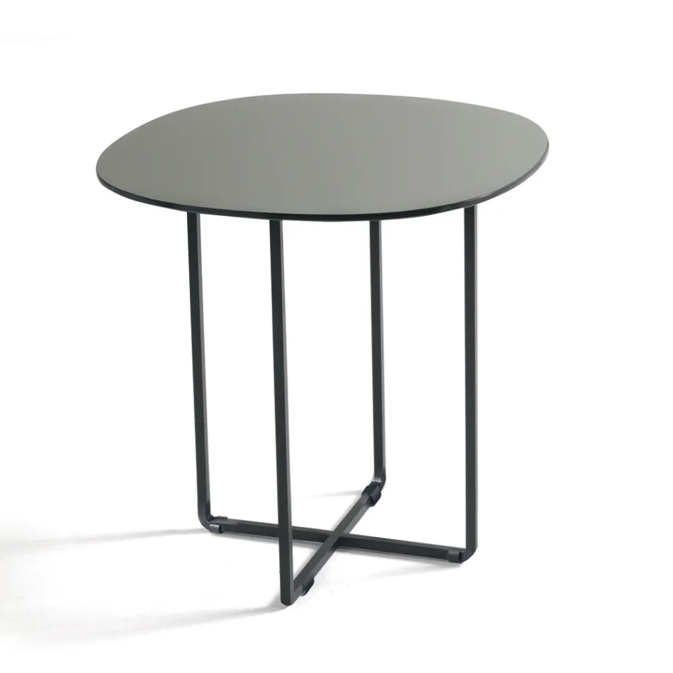Tavolino con Base in Metallo e Piano in Specchio e Ceramica Effetto Marmo - Gisella Viadurini