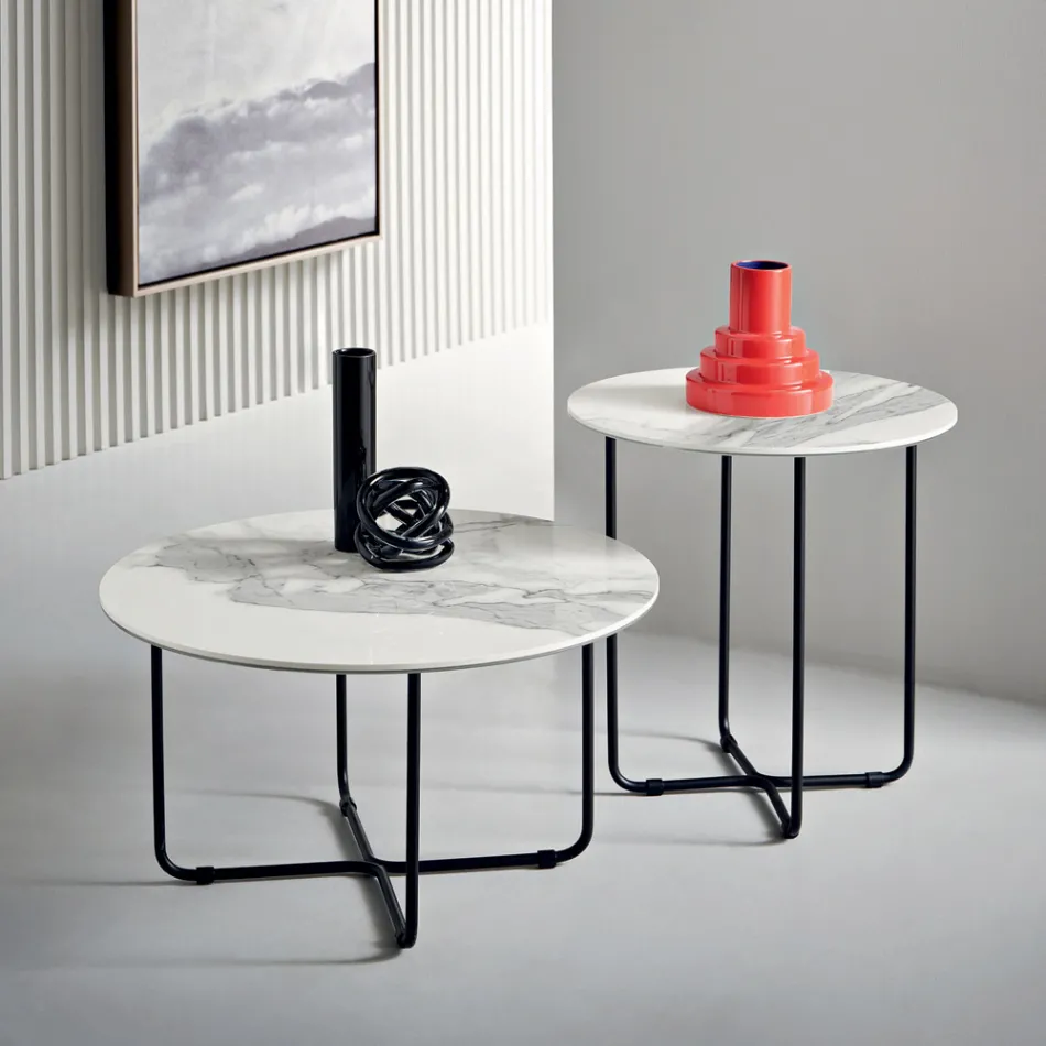 Tavolino con Piano in Specchio e Ceramica Effetto Marmo Made in Italy - Giusta Viadurini