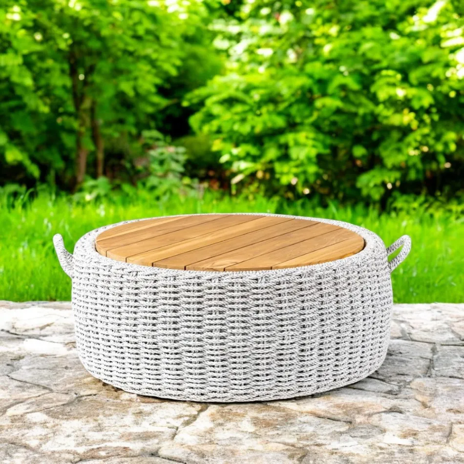 Tavolino Contenitore da Giardino in Teak ed Intreccio in Corda - Arjuna Viadurini