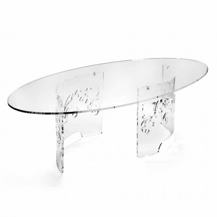 Tavolino da Caffè in Plexiglass Fumè o Trasparente con Base Decorata - Crasso Viadurini
