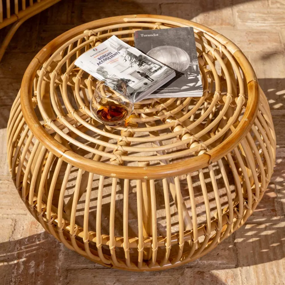 Tavolino da Esterno in Rattan Naturale Intrecciato Completamente a Mano – Bellaria Viadurini