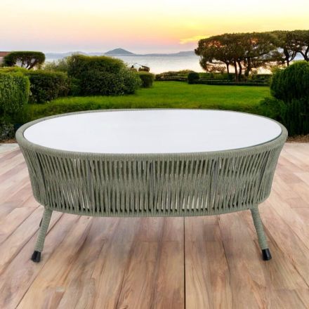 Tavolino da Giardino in Alluminio e Intreccio in Corda e Vetro - Asteria Viadurini