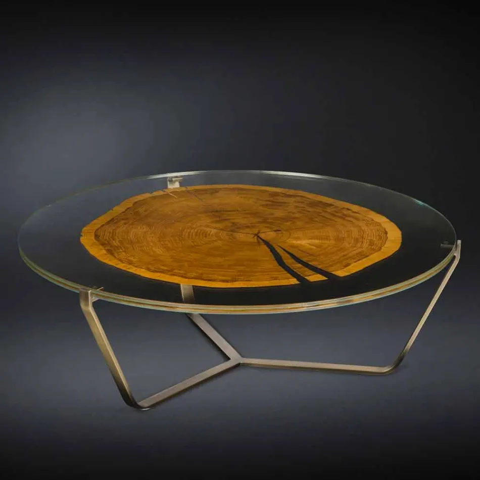 Tavolino da Salotto con Piano Rotondo in Vetro e Legno Made in Italy - Baviera Viadurini