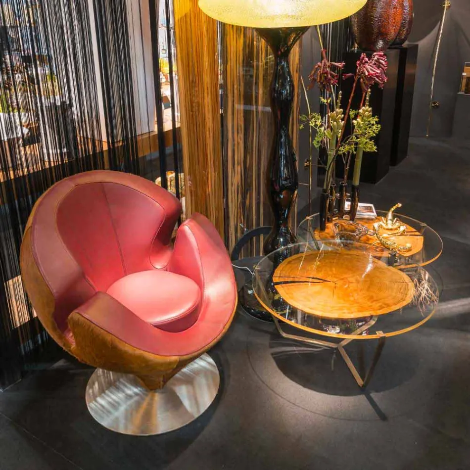 Tavolino da Salotto con Piano Rotondo in Vetro e Legno Made in Italy - Baviera Viadurini