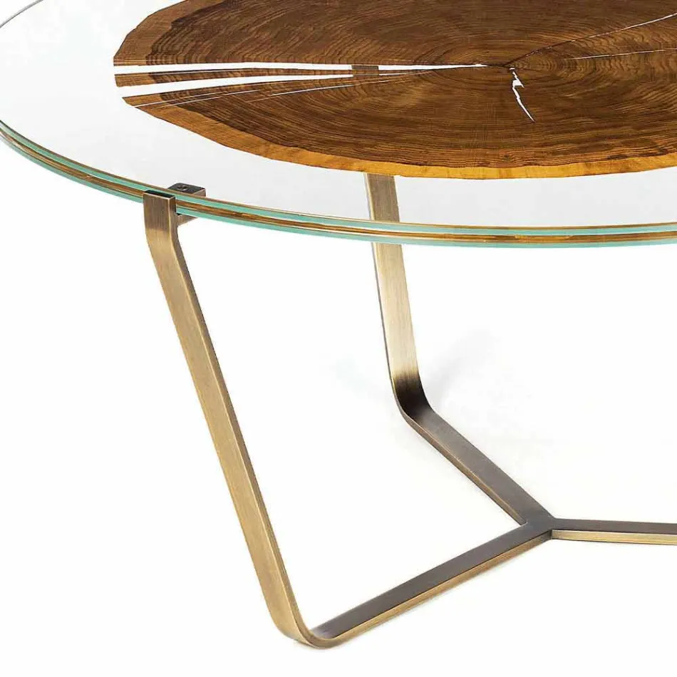 Tavolino da Salotto con Piano Rotondo in Vetro e Legno Made in Italy - Baviera Viadurini