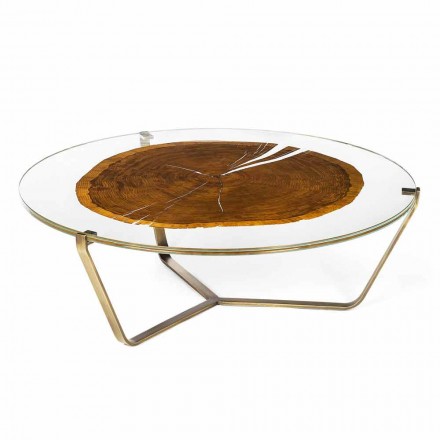 Tavolino da Salotto con Piano Rotondo in Vetro e Legno Made in Italy - Baviera Viadurini