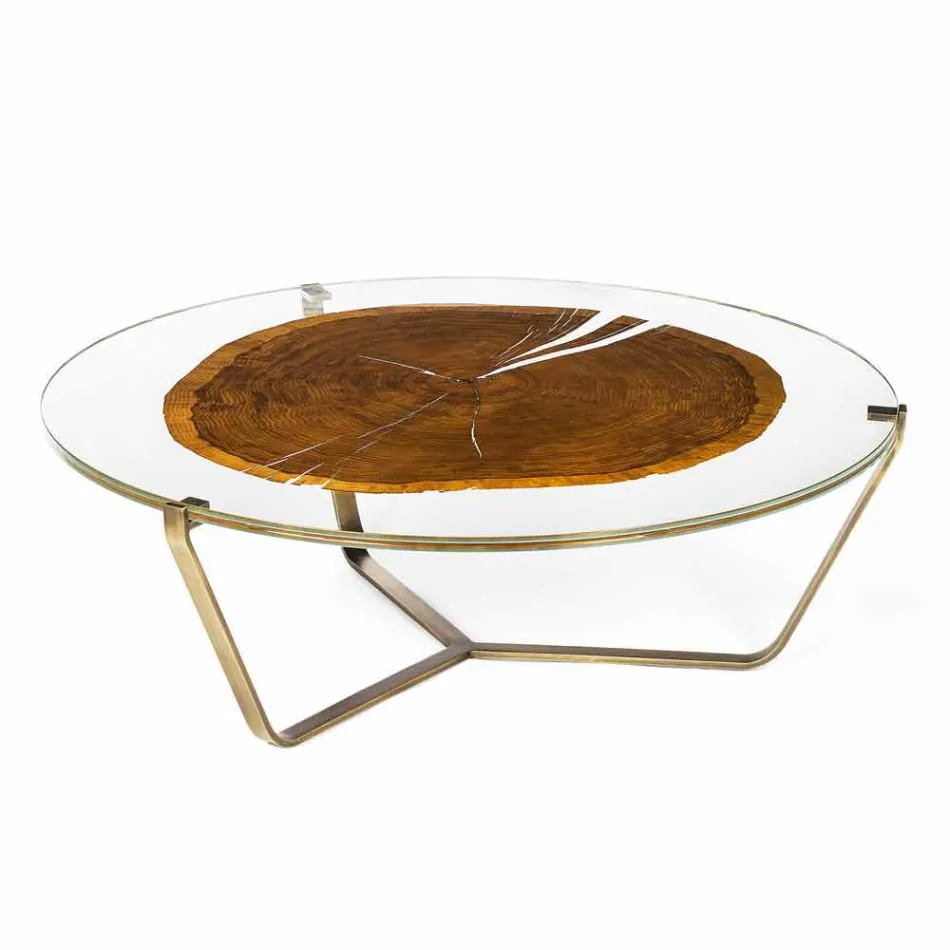 Tavolino da Salotto con Piano Rotondo in Vetro e Legno Made in Italy - Baviera Viadurini