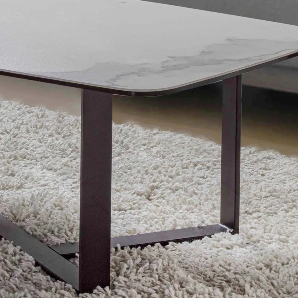 Tavolino da Salotto in Vetro Ceramica con Base in Metallo Verniciato - Camilo Viadurini