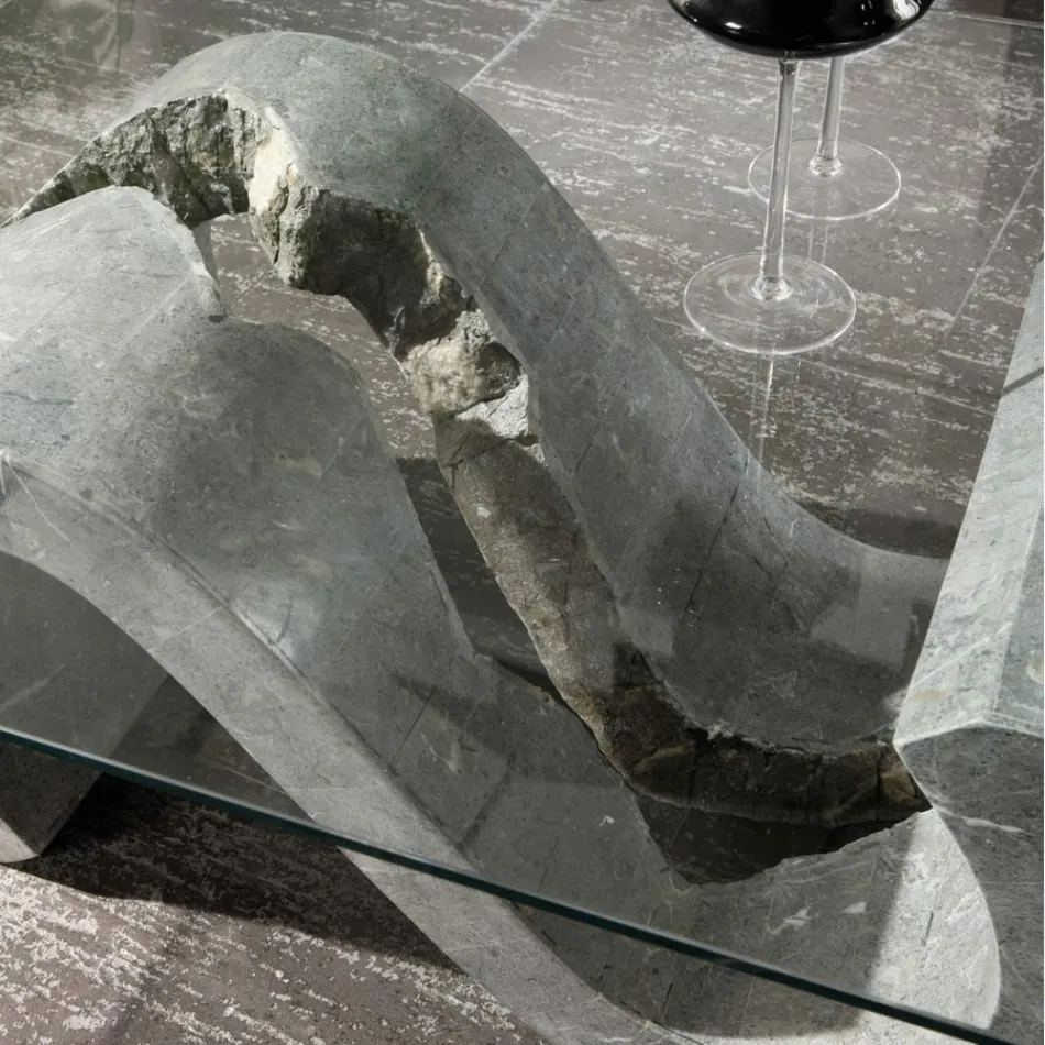 Tavolino da Salotto in Vetro Temperato con Base in Pietra Fossile - Jordan Viadurini