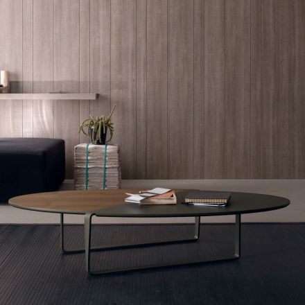 Tavolino da Salotto Ovale in Metallo e Piano Bicolore in Legno - Comacchio Viadurini