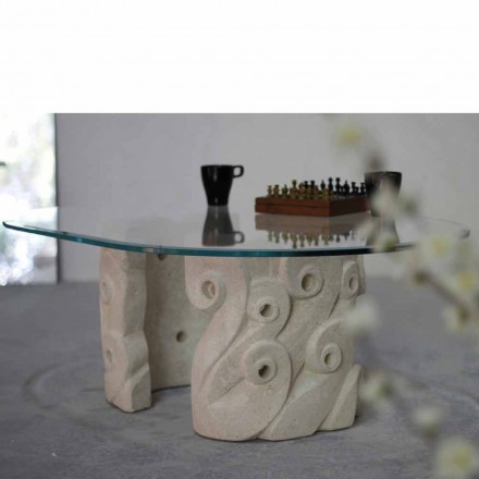 Tavolino da salotto ovale in pietra e cristallo, design moderno Lindos Viadurini