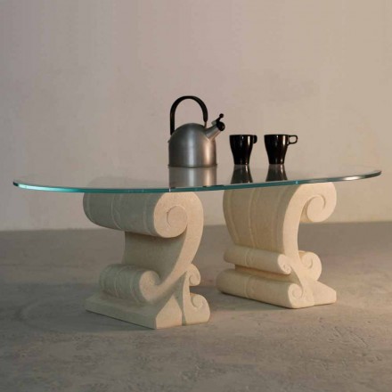 Tavolino da salotto ovale in pietra e cristallo di design Aracne-S Viadurini