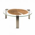 Tavolino da salotto rotondo basso con piano in vetro e legno Buck