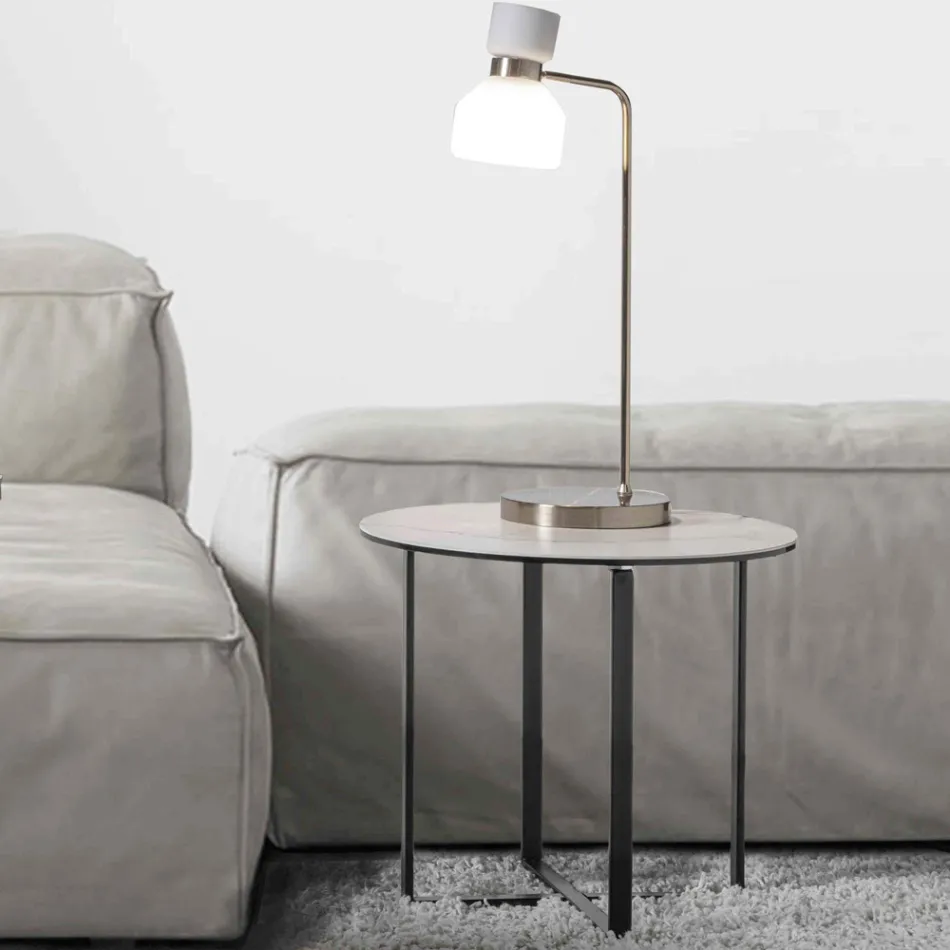 Tavolino da Salotto Rotondo con Piano in Vetro Ceramica Bianco Marmo - Anselmo Viadurini