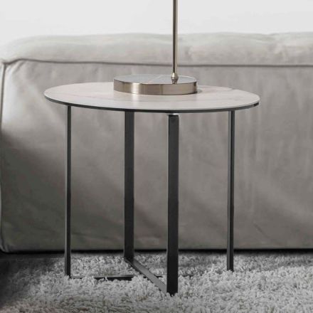 Tavolino da Salotto Rotondo con Piano in Vetro Ceramica Bianco Marmo - Anselmo Viadurini