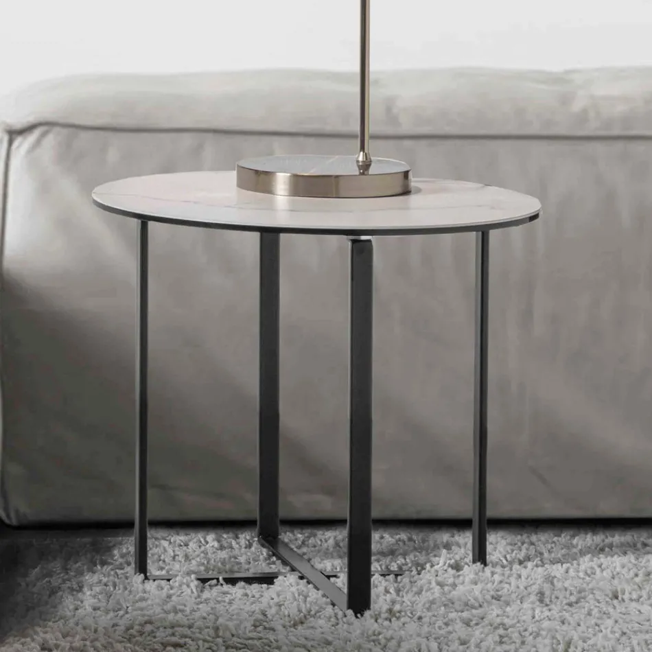 Tavolino da Salotto Rotondo con Piano in Vetro Ceramica Bianco Marmo - Anselmo Viadurini