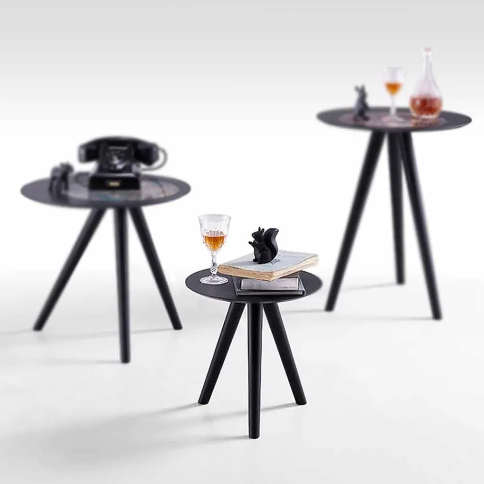 Tavolino da Salotto Tondo in Legno Laccato Grigio Nero Made in Italy - Stoccarda Viadurini