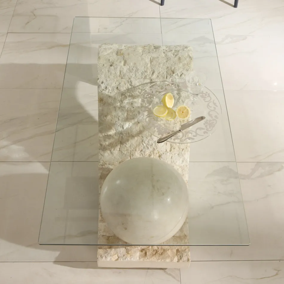 Tavolino da Soggiorno Piano in Vetro con Base in Pietra Fossile - Sfera Viadurini