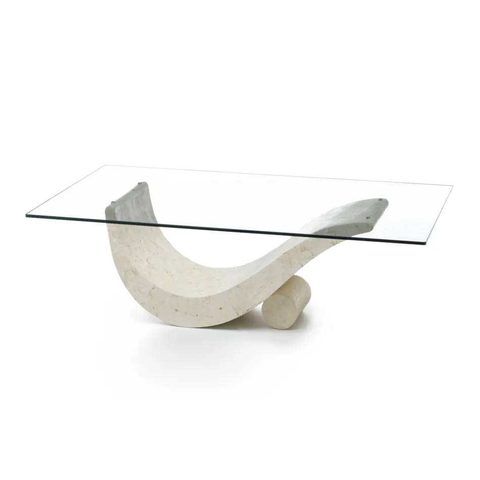 Tavolino Design Moderno con Piano in Vetro e Base Pietra Fossile - Ricarica Viadurini